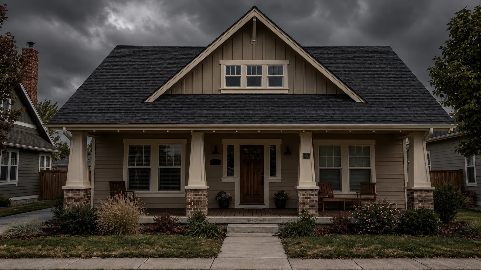 Craftsman house with continuous charcoal shingles on the main roof and porch slope.
