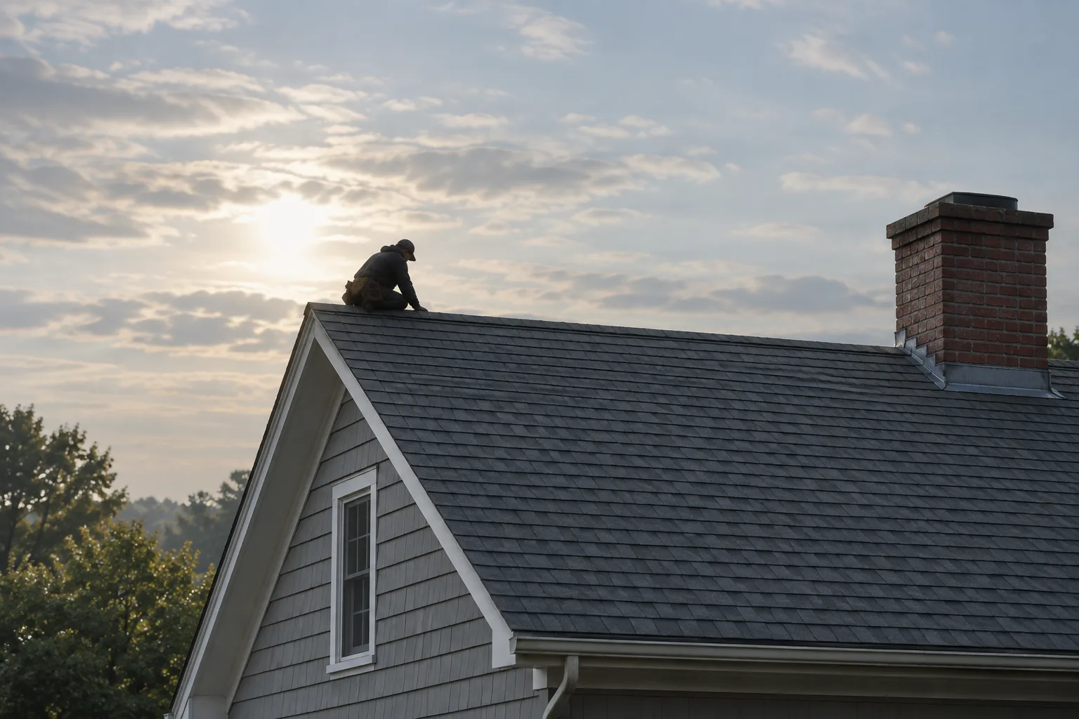 Backlit figure seated near a gray shingle roof ridge with a brick chimney to the right