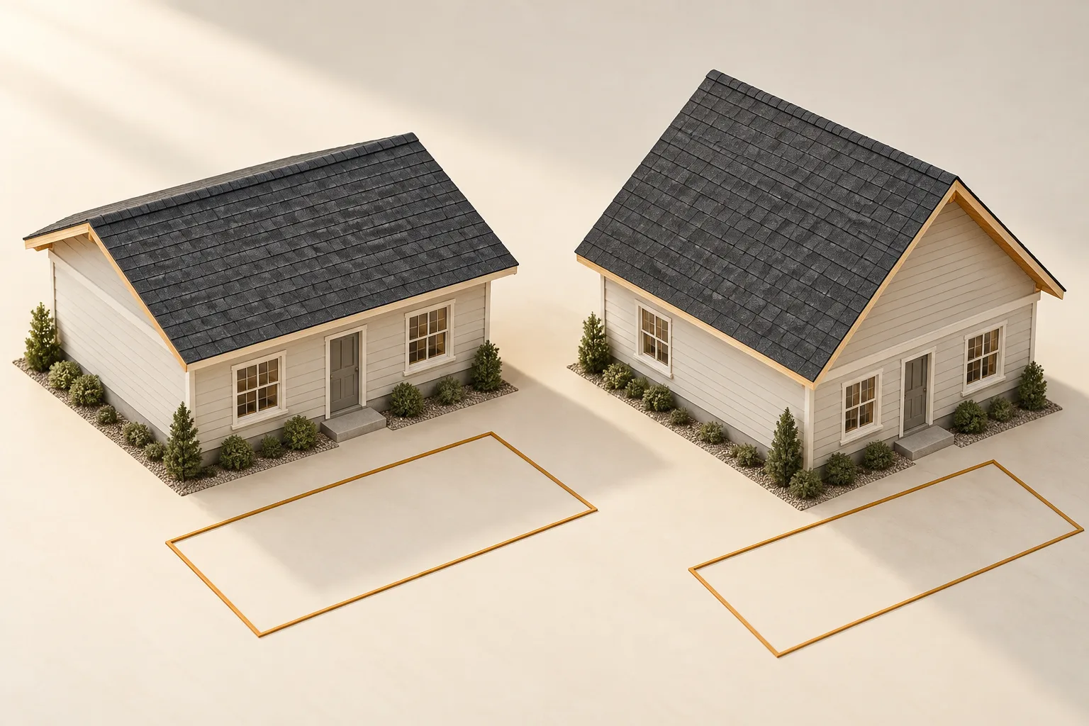 Two illustrative house models compare a lower roof pitch with a steeper roof over similar footprints